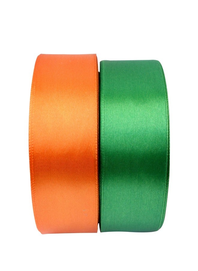Finesse Satin Ribbon Decoration, Gift Wrapping, Multi-Purpose Use (Orange and Green, Size : 1.5 Inch, Packing : 22 Mtrs/Roll) Pack of 2